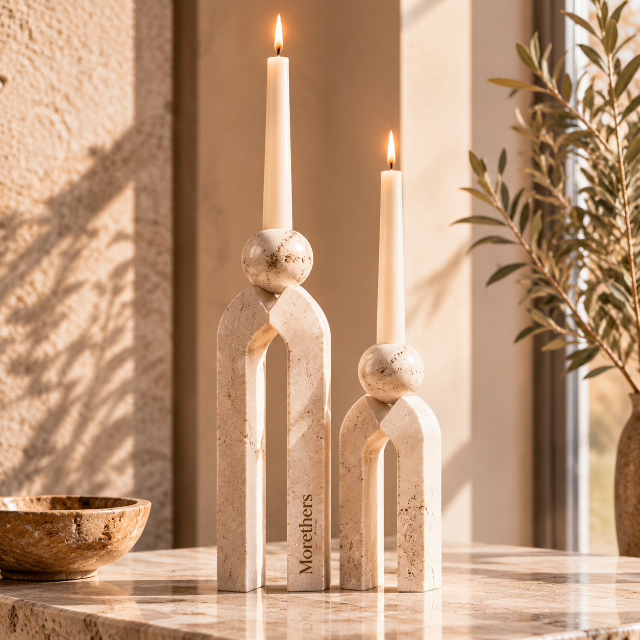 Morethers Arch Travertine Sphere Taper Candle Holder Set