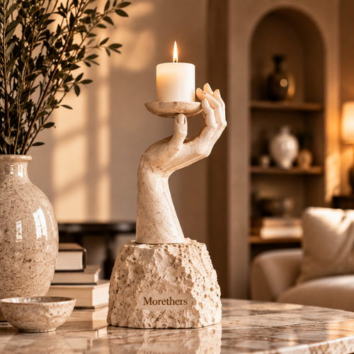 Morethers Sculptural Hand & Travertine Base Pillar Candle Holder