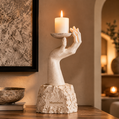 Morethers Sculptural Hand & Travertine Base Pillar Candle Holder