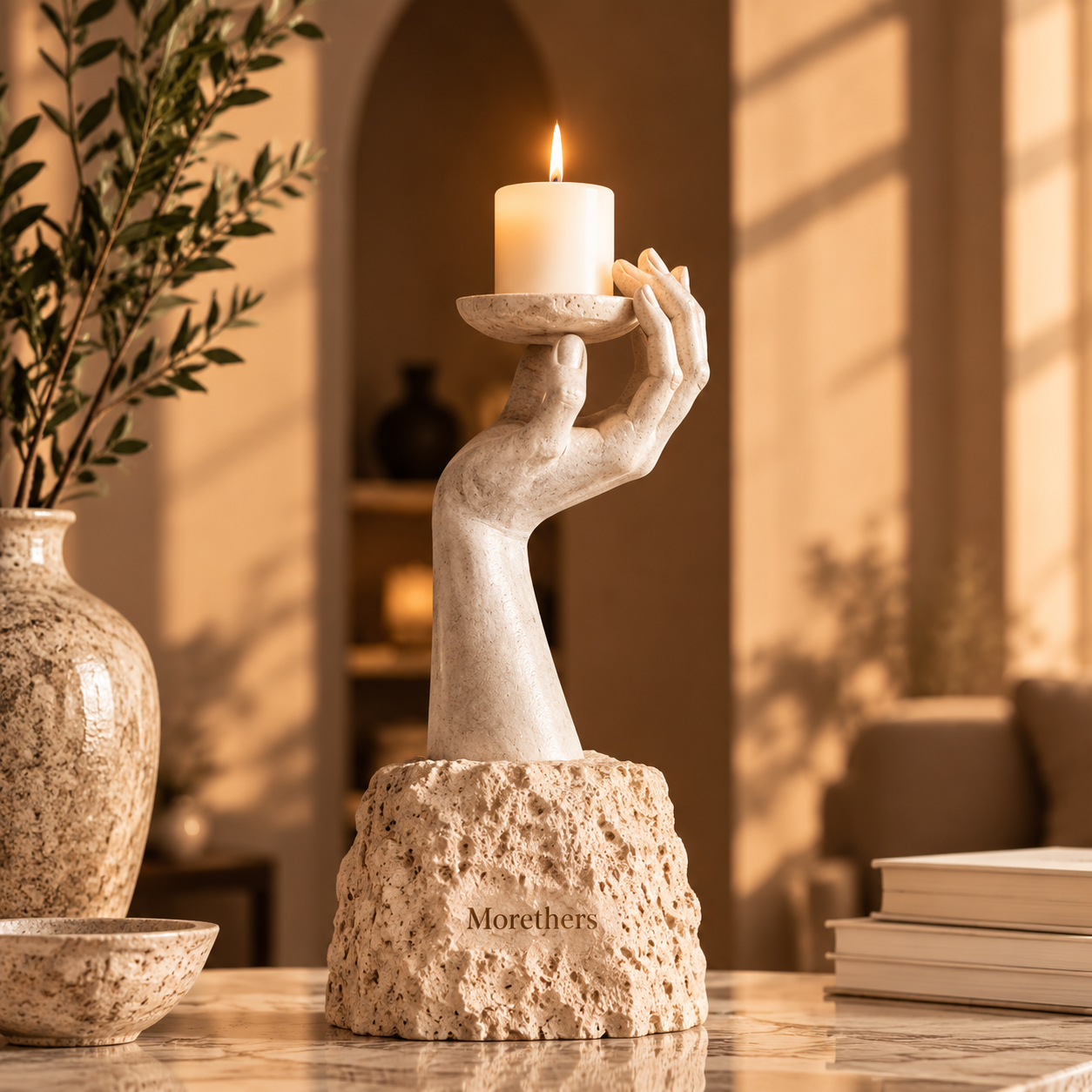 Morethers Sculptural Hand & Travertine Base Pillar Candle Holder