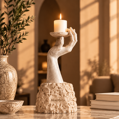 Morethers Sculptural Hand & Travertine Base Pillar Candle Holder
