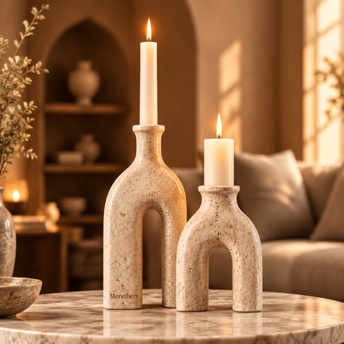 Morethers Arch Twin Travertine Taper Candle Holder Set