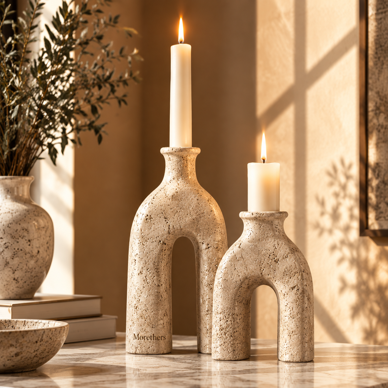 Morethers Arch Twin Travertine Taper Candle Holder Set