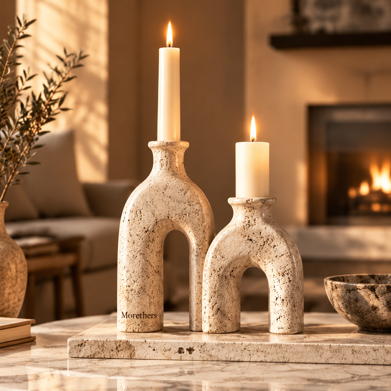 Morethers Arch Twin Travertine Taper Candle Holder Set