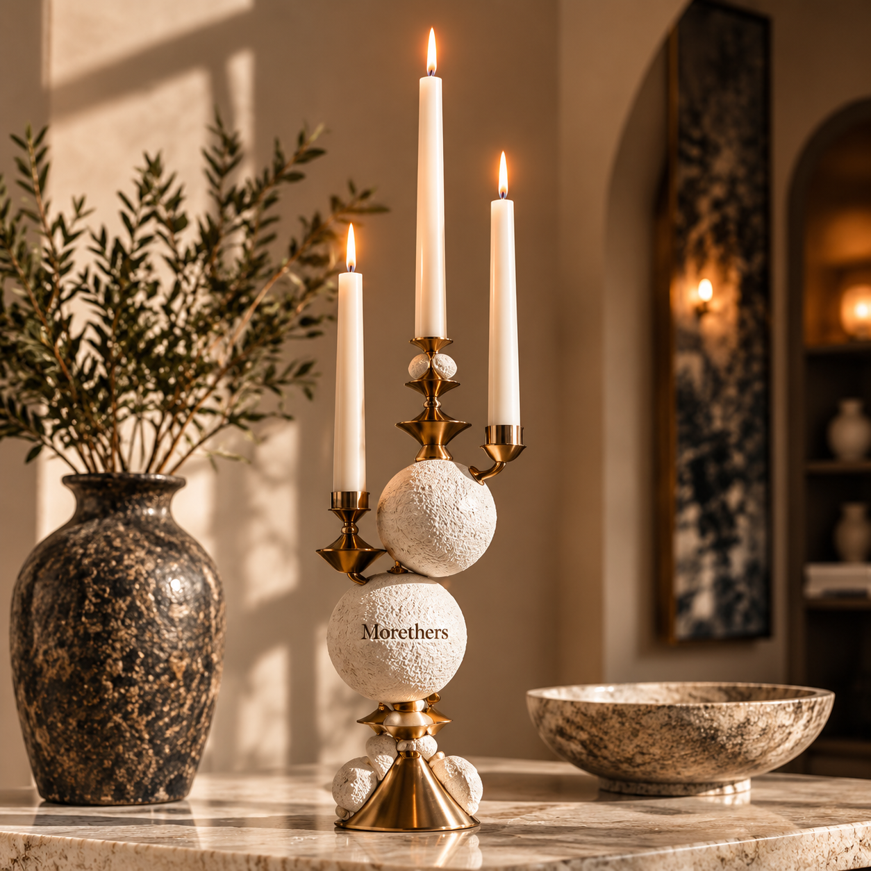 Morethers 3-Arm Brass & Textured Sphere Taper Candelabra