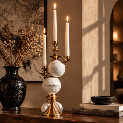 Morethers 3-Arm Brass & Textured Sphere Taper Candelabra