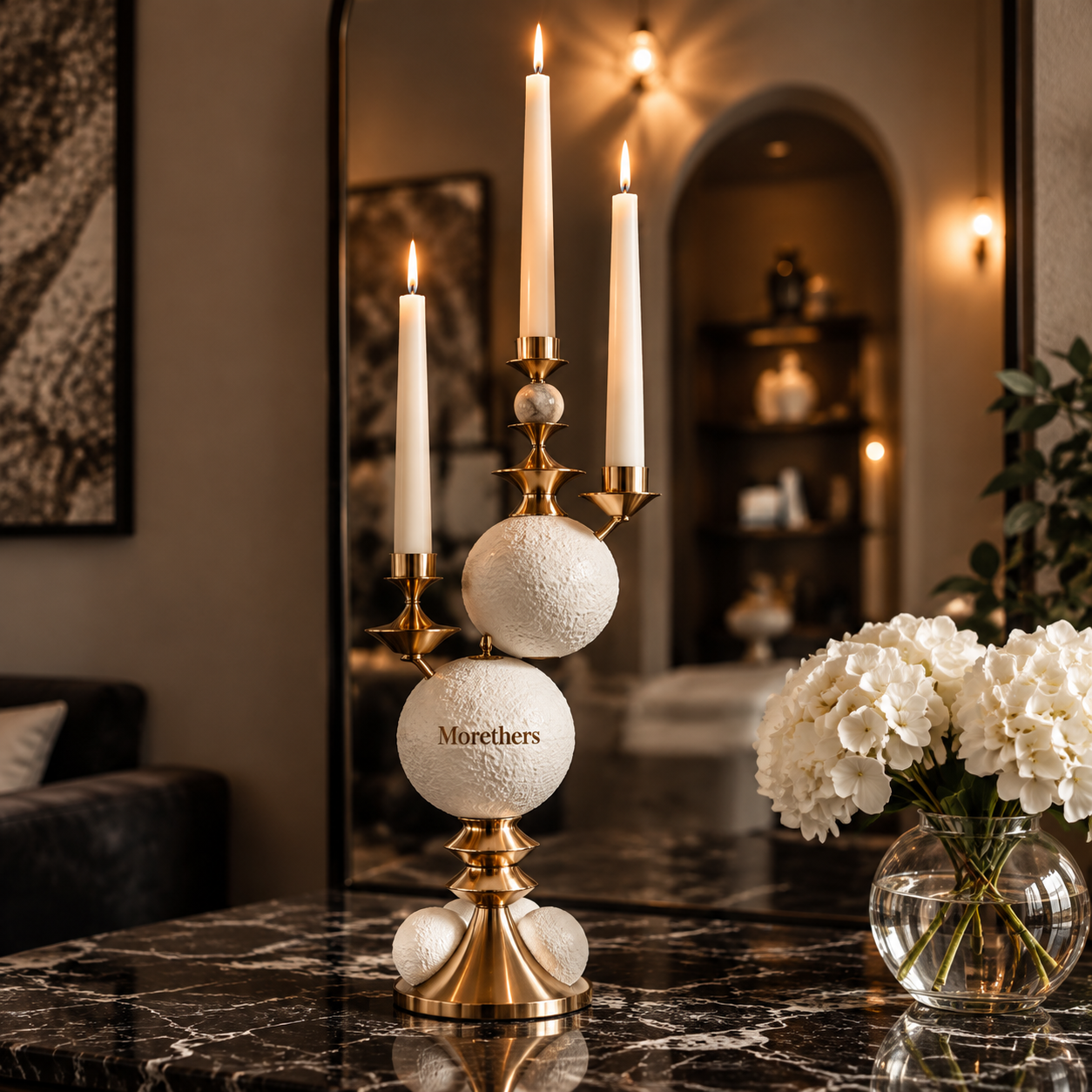 Morethers 3-Arm Brass & Textured Sphere Taper Candelabra