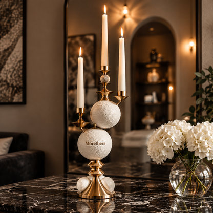 Morethers 3-Arm Brass & Textured Sphere Taper Candelabra