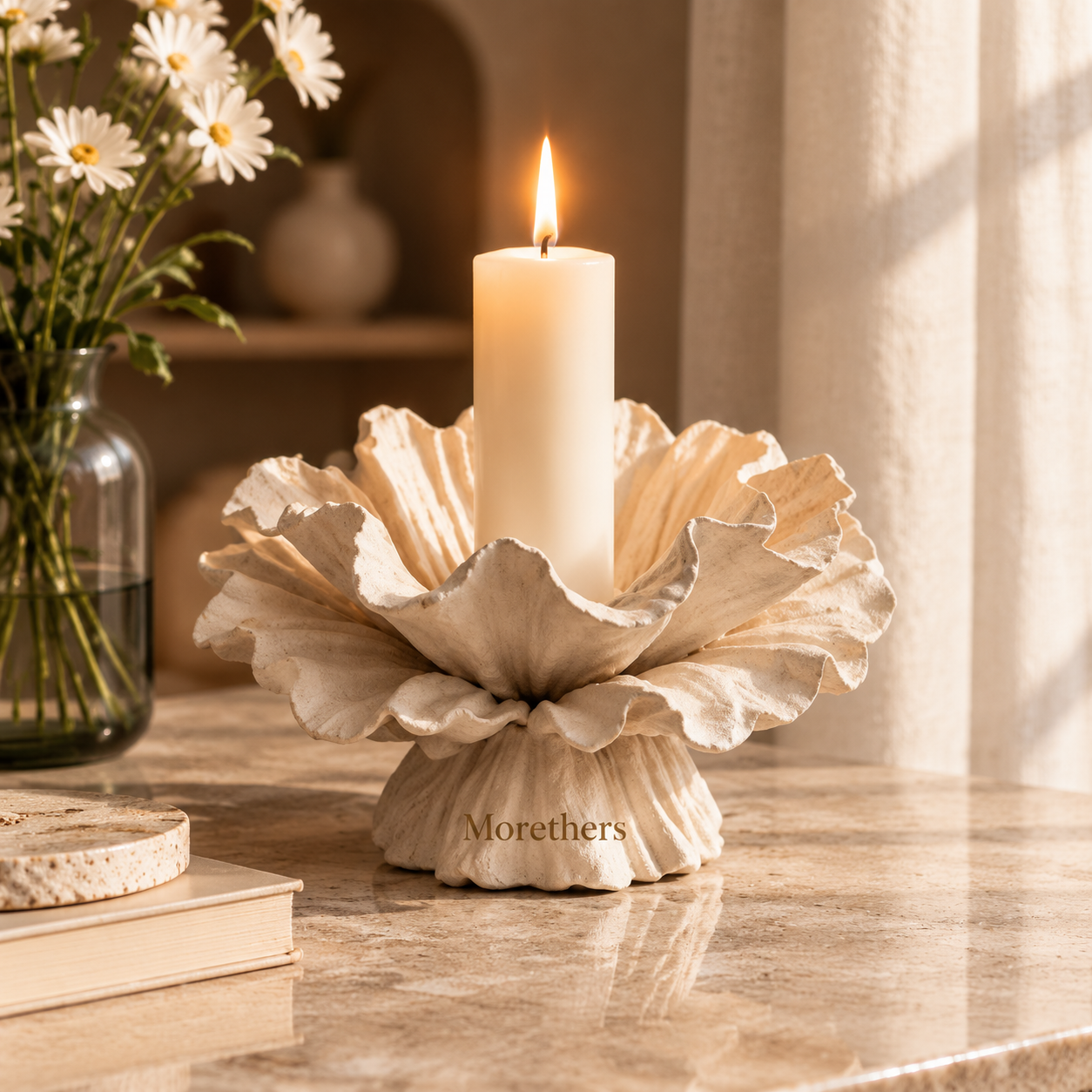 Morethers Ruffled Flower Coral Pillar Candle Holder