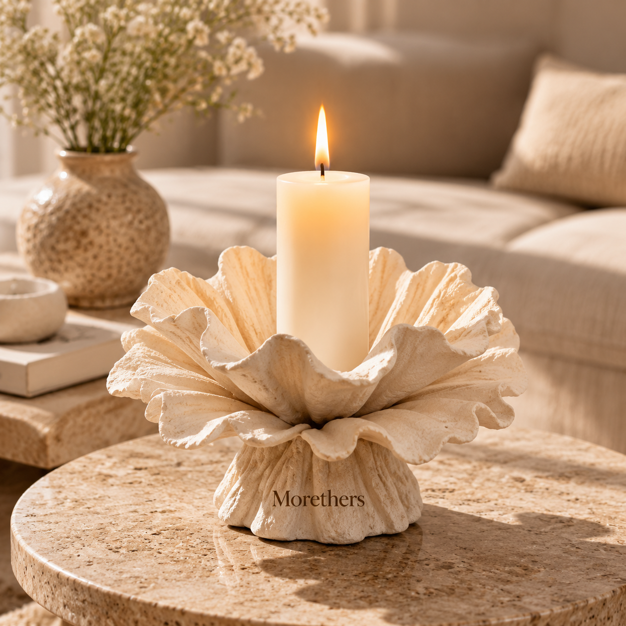 Morethers Ruffled Flower Coral Pillar Candle Holder