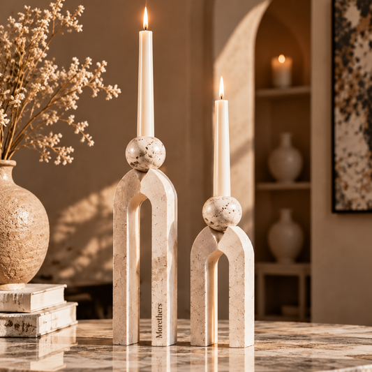 Morethers Arch Travertine Sphere Taper Candle Holder Set