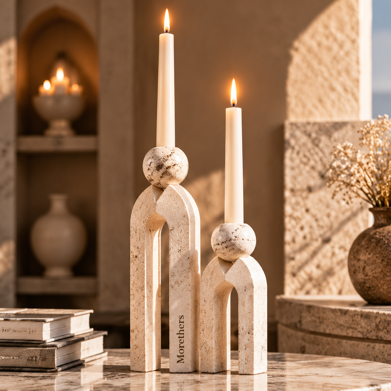 Morethers Arch Travertine Sphere Taper Candle Holder Set