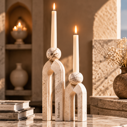 Morethers Arch Travertine Sphere Taper Candle Holder Set