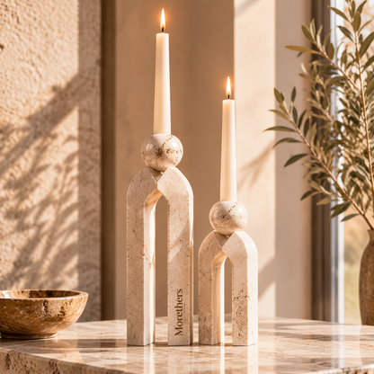 Morethers Arch Travertine Sphere Taper Candle Holder Set